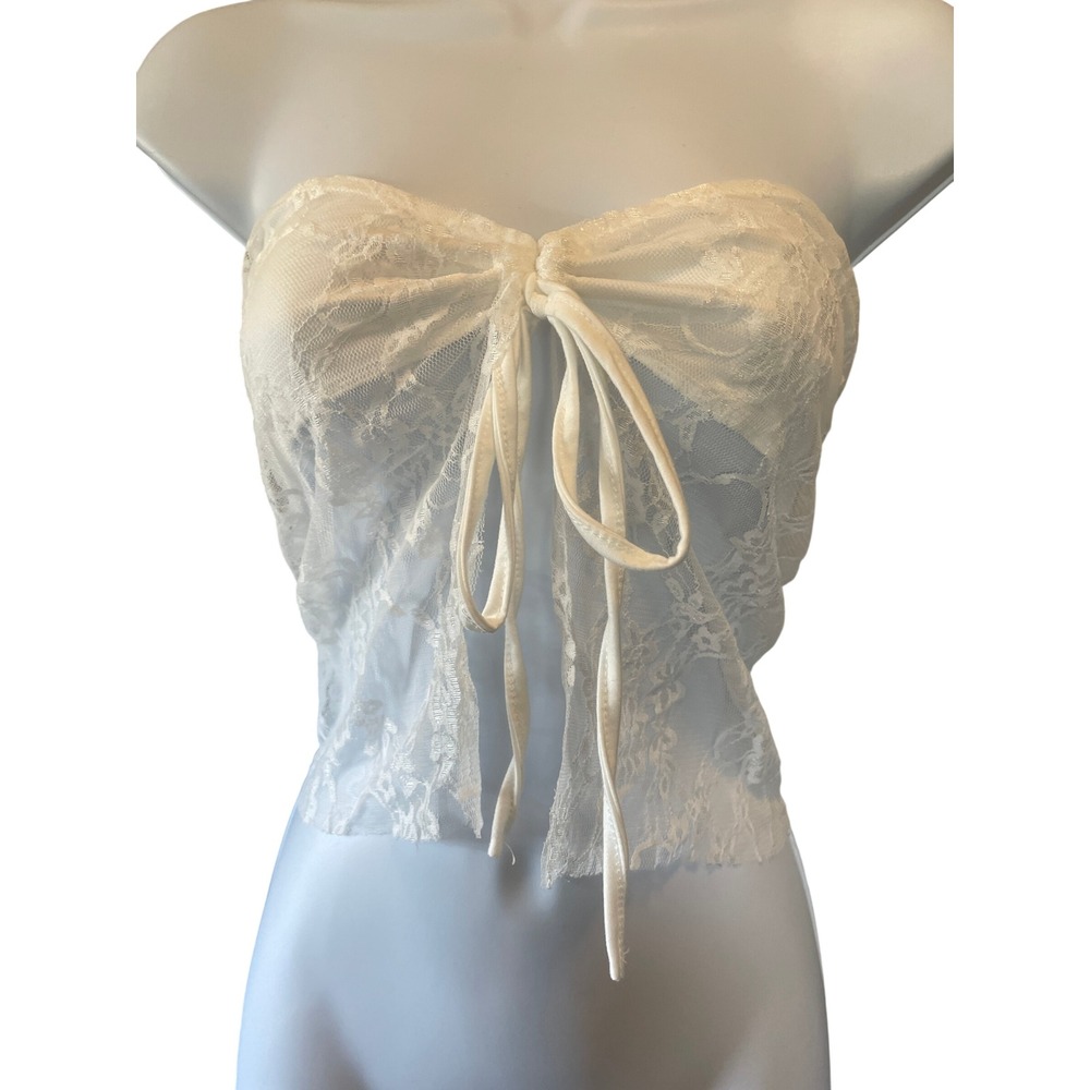 Womens Y2K Coquette Sheer Floral Lace Bandeau Fly Away Tube Top Coquette Size XS